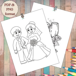 Puede incluir: Una p&aacute;gina para colorear en blanco y negro con una novia y un novio tomados de la mano. La novia lleva un vestido de novia y un velo, y el novio lleva un esmoquin. Hay una imagen separada de dos copas de champ&aacute;n con una flor y una cinta.