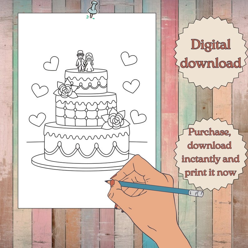 Puede incluir: Una p&aacute;gina para colorear imprimible que presenta un pastel de bodas de tres niveles con una novia y un novio en la parte superior. El pastel est&aacute; decorado con flores y corazones. La p&aacute;gina es perfecta para adultos y ni&ntilde;os que disfrutan colorear.