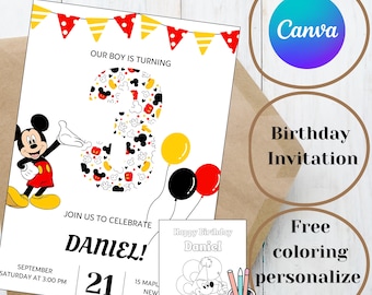 Mickey 3rd Birthday Invitation Canva Template Editable Printable Birthday Party Invitation Digital Kids Party Template Instant download