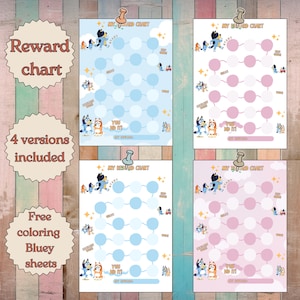May include: Four reward charts featuring Bluey characters in blue and pink color schemes, each with a series of circles for tracking progress. The charts include the text "My Reward Chart", "You Did It!", and "My Ritual". Also included are free coloring Bluey sheets.