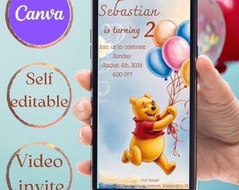 Editable Winnie the Pooh Birthday Video Invitation,Canva Template,Classic Winnie the Pooh Invitation Template,Party Invite for with Music