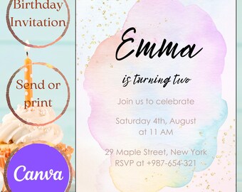 Editable Birthday Party Digital Invitation Rainbow Birthday Invitation Colorful Watercolor Gold Glitter Sprinkles Ombre Pastel Invitation