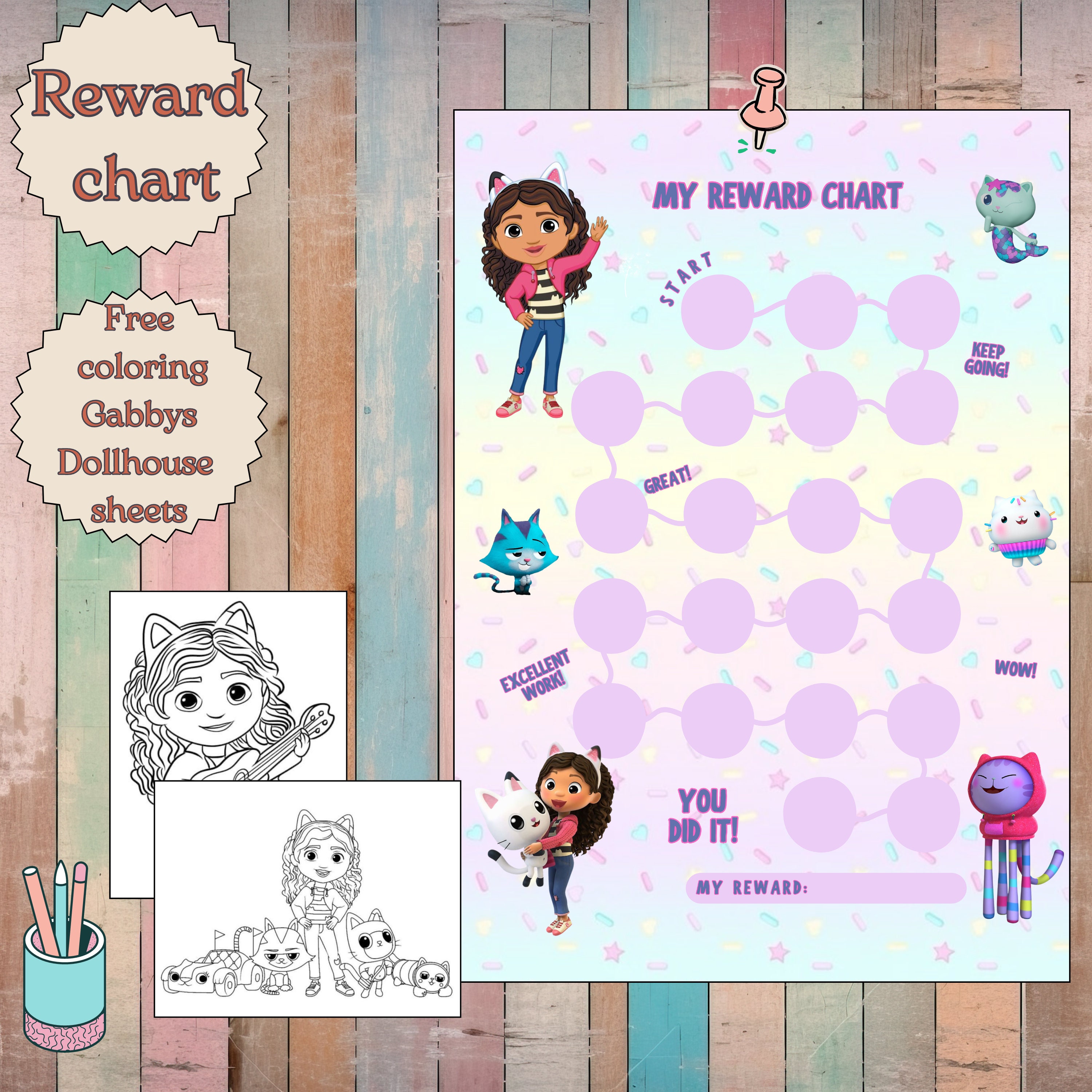 Gabbys Dollhouse Reward Chart for Kids Cute Rainbow Reward Chore Chart ...