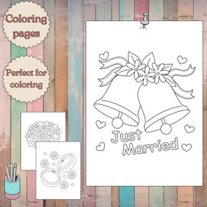 Puede incluir: Una p&aacute;gina para colorear en blanco y negro con dos campanas de boda atadas con una cinta y flores. El texto "Just Married" est&aacute; escrito debajo de las campanas.