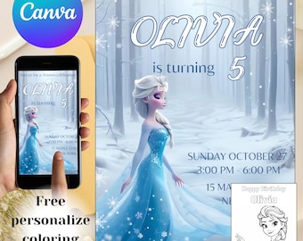 Elsa Birthday Invitation FROZEN Invitation Winter Snow Birthday Printable Editable Instant Download Canva Template Frozen Invite