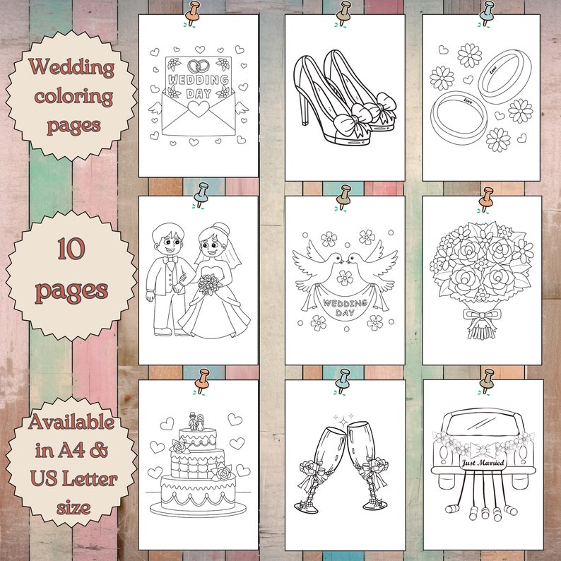 Puede incluir: Un conjunto de 10 p&aacute;ginas para colorear en blanco y negro con ilustraciones de tem&aacute;tica nupcial. Las ilustraciones incluyen un pastel de bodas, palomas, anillos de boda, una novia y un novio, y un coche de bodas. El texto "Wedding Day" aparece en dos de las p&aacute;ginas. Las p&aacute;ginas est&aacute;n disponibles en tama&ntilde;os A4 y US Letter.