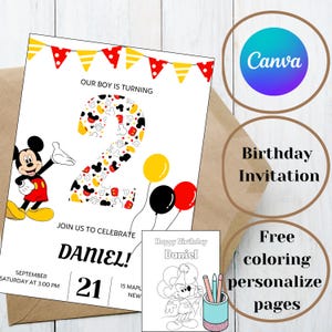 Puede incluir: Invitación de cumpleaños imprimible con un personaje de dibujos animados de Mickey Mouse con un número 2 rojo y amarillo. La invitación incluye el texto "Nuestro niño cumple 2 años" y "¡Únete a nosotros para celebrar a Daniel!" con una fecha y hora. La invitación también incluye una página para colorear con Mickey Mouse.