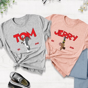 Chemise couple Tom et Jerry, cadeau assorti personnalisé amis, T-shirt drôle Tom et Jerry, chemise couple dessin animé, cadeau d'anniversaire pour enfants