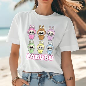Camiseta de personajes kawaii de Labubu, camiseta del escuadrón Labubu, camiseta de Labubu, camiseta de muñecas lindas de dibujos animados, camiseta colorida de anime kawaii