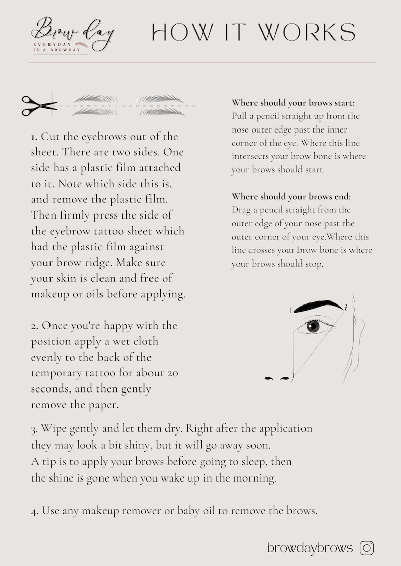Puede incluir: Instrucciones sobre c&oacute;mo aplicar tatuajes de cejas temporales. La imagen muestra un primer plano de la cara de una mujer con l&iacute;neas dibujadas para mostrar d&oacute;nde colocar los tatuajes de cejas. El texto dice "&iquest;D&oacute;nde deben comenzar tus cejas: Tira un l&aacute;piz recto hacia arriba desde el borde exterior de la nariz, pasando por la esquina interior del ojo. Donde esta l&iacute;nea se cruza con el hueso de tu ceja es donde tus cejas deben comenzar." y "&iquest;D&oacute;nde deben terminar tus cejas: Arrastra un l&aacute;piz recto desde el borde exterior de la nariz, pasando por la esquina exterior del ojo. Donde esta l&iacute;nea se cruza con el hueso de tu ceja es donde tus cejas deben terminar."