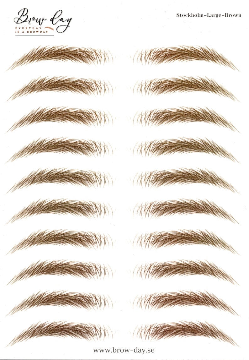Puede incluir: Diez pares de plantillas de cejas marrones, etiquetadas como "Stockholm-Large-Brown". Las plantillas est&aacute;n dispuestas en dos columnas de cinco. El texto "www.brow-day.se" aparece en la parte inferior de la imagen.