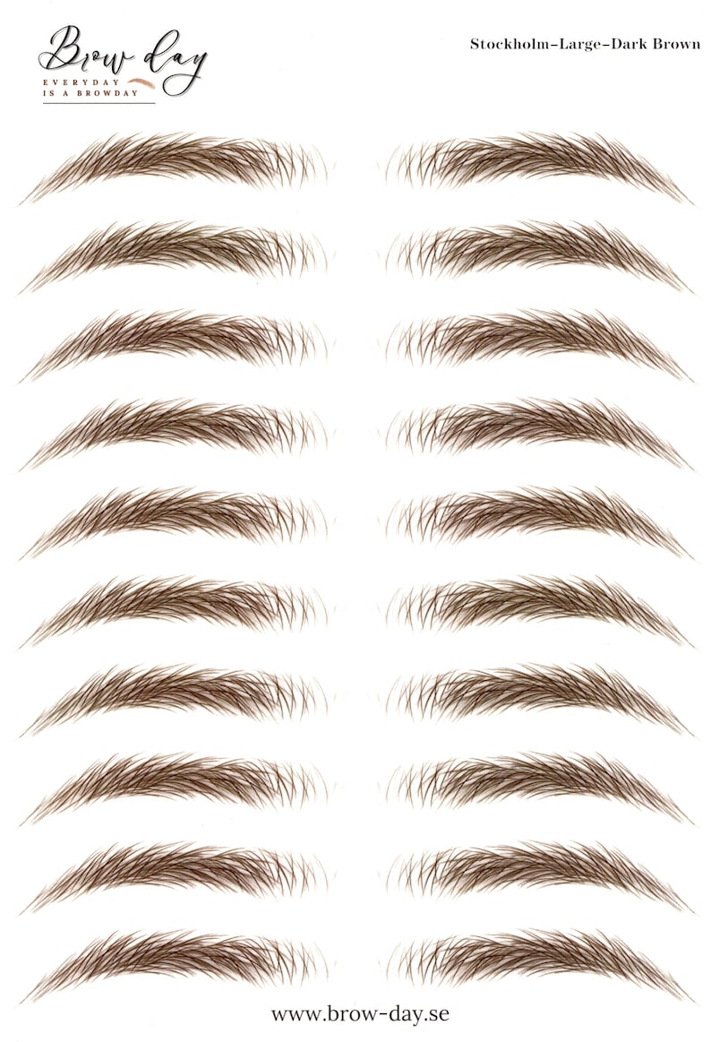 Puede incluir: Diez pares de plantillas para cejas de color marr&oacute;n oscuro, etiquetadas como "Stockholm-Large-Dark Brown". Las plantillas est&aacute;n dispuestas en dos columnas de cinco, sobre un fondo blanco. El texto "Brow Day" est&aacute; en la parte superior de la imagen, con el lema "Everyday is a Browday". La direcci&oacute;n del sitio web "www.brow-day.se" est&aacute; en la parte inferior de la imagen.