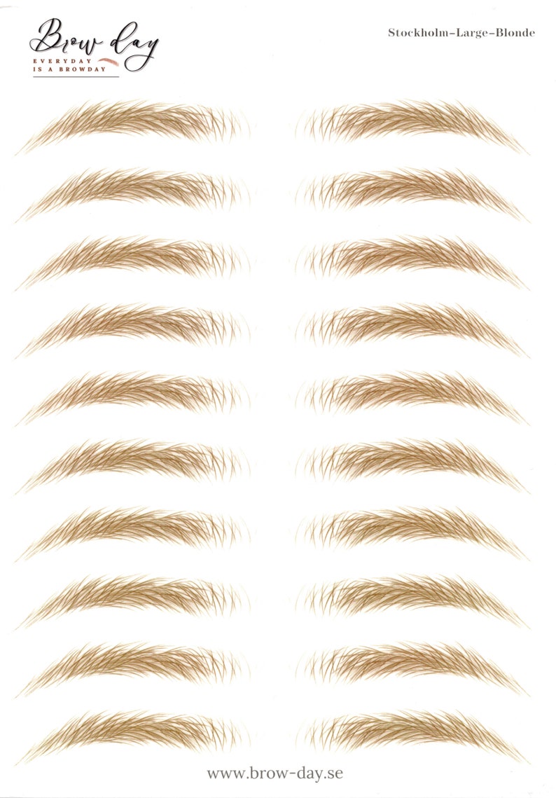 Puede incluir: Una hoja de 10 plantillas de cejas de color marr&oacute;n claro. Las plantillas est&aacute;n etiquetadas como "Stockholm-Large-Blonde". El texto "Brow day" est&aacute; en la parte superior de la hoja. El texto "Everyday is a Browday" est&aacute; debajo del texto "Brow day". El texto "www.brow-day.se" est&aacute; en la parte inferior de la hoja.