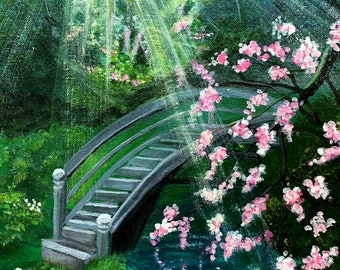ACRYL ORIGINEEL SCHILDERIJ - Japanse tuin - 10x14 canvasbord. Levendig wandschilderij van huilende bloesem en brug. Uniek cadeau.