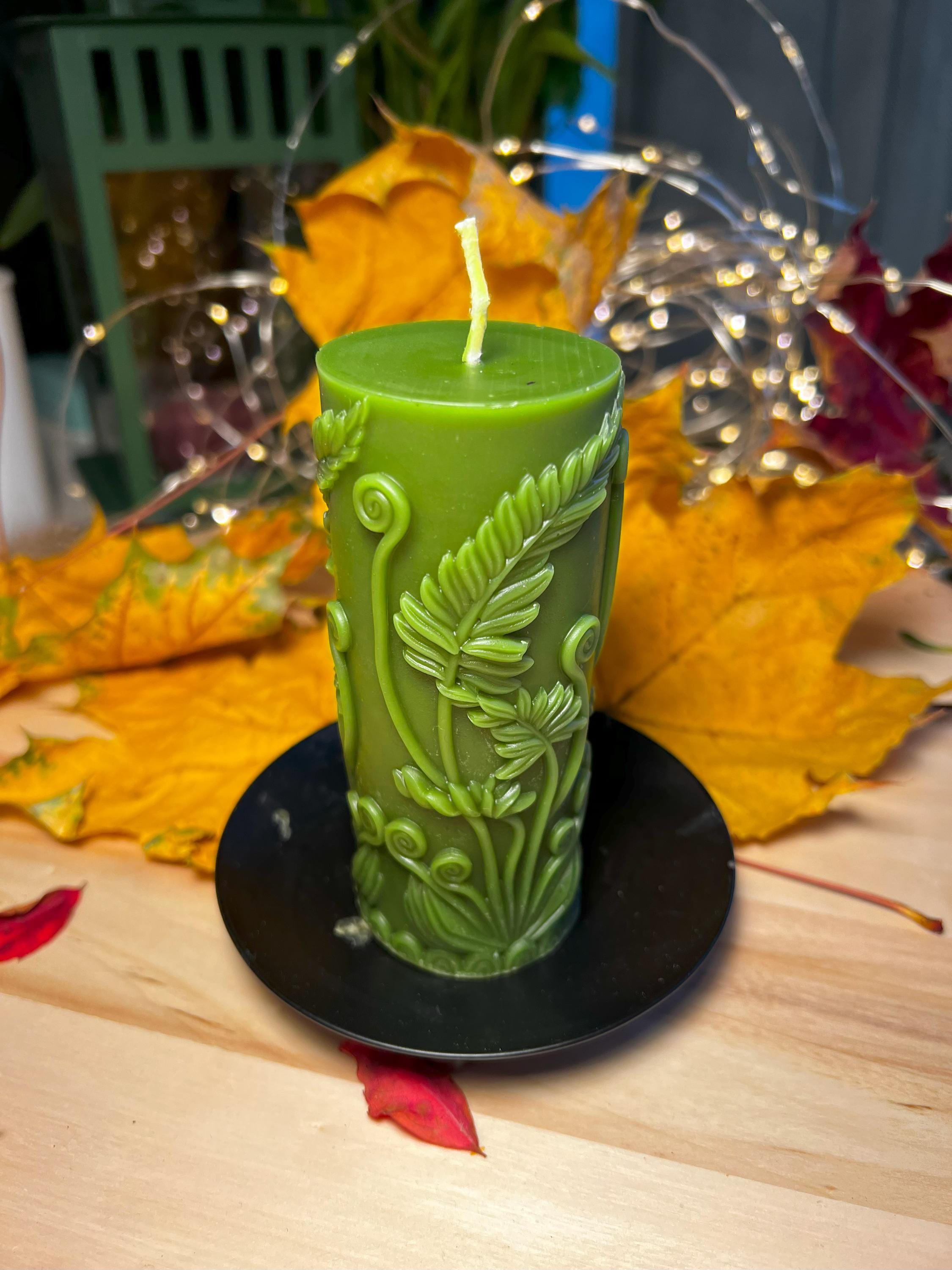 Vela de cera de abelha Fern Pillar | Decoração de Natal | Vela de longa duração