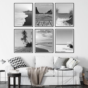 Set of 6 Coastal Wall Art Decor, Black and White Beach Prints,Beach Scene Decor, Black & White Beach Photography, Beach Poster,Coastal Decor