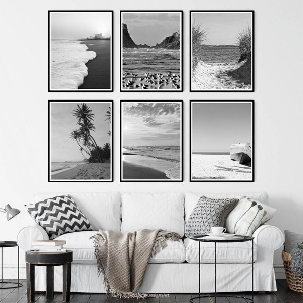 Black And White Beach Prints, Coastal Wall Art Decor, Set Of 6 Beach Prints, Beach Scene Prints, Home Decor, Wall Art Prints, Coastal Decor