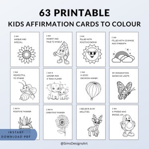63 Printable Positive Affirmation Cards to Color for Kids, Motivational Coloring Cards for Children, Kids Positivity and Encouragement Cards