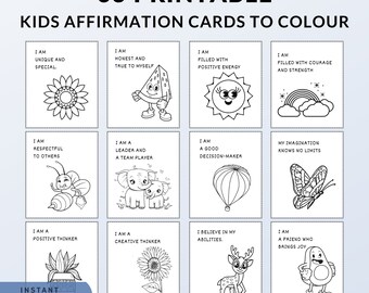 63 Printable Positive Affirmation Cards to Color for Kids, Motivational Coloring Cards for Children, Kids Positivity and Encouragement Cards