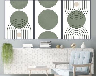 Juego de 3 impresiones de pared bohemias en verde salvia, arte geométrico moderno de mediados de siglo, impresiones abstractas estéticas, impresiones bohemias, verde salvia, arte verde beige