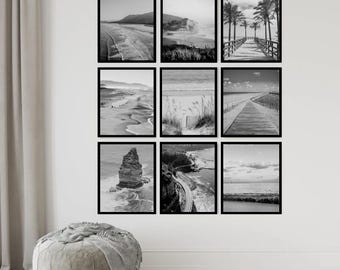 Conjunto de 30 láminas de playa en blanco y negro, pósteres costeros en blanco y negro, láminas costeras, láminas de playa, láminas oceánicas, decoración costera monocromática