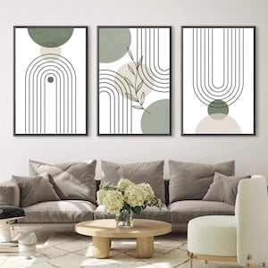 Sage Green Wall Art Set of 3, Mid-century Modern Geometric Art Set, Boho Green Wall Art Set, Abstract Botanical Art Prints, Green Tone Art