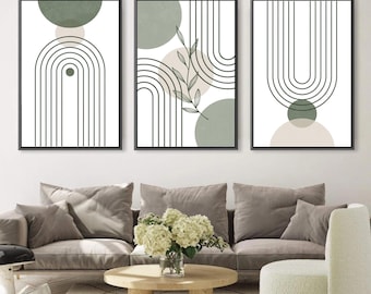 Juego de 3 piezas de arte mural verde salvia, arte geométrico moderno de mediados de siglo, arte mural verde bohemio, impresiones de arte botánico abstracto, arte en tonos verdes