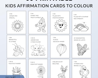 May include: Set of 63 printable coloring cards for kids featuring positive affirmations. Each card has a black and white illustration of a different animal or object, such as a sunflower, watermelon, bee, elephant, hot air balloon, butterfly, avocado, and deer. The text on each card is in black and white.