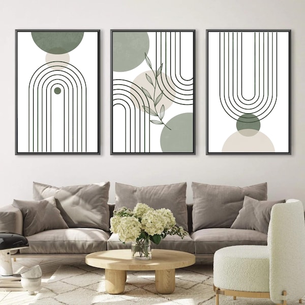 Sage green wall art set of 3, Mid-century modern art print set of 3, abstract botanical art prints, boho green wall art set, green tone art