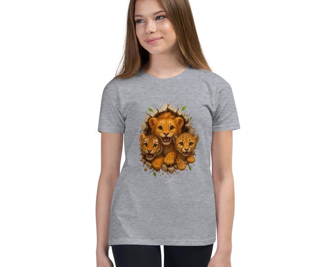3D Lion Tiger Cheetah Cubs Youth Short Sleeve T‑Shirt – All‑Over Print Kids Safari Animal Tee
