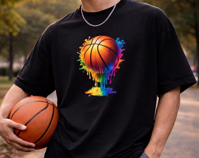 Colorful Basketball Shirt – Unisex Oversized High Neck Tee, Organic Streetwear Graphic T-Shirt, DTF Front Print, Black Navy Grey, S–2XL