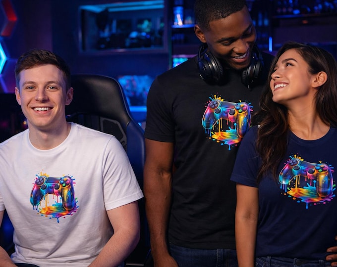 Gaming Controller Shirt, Colorful Drip Gamer Tee, Unisex Eco T Shirt, Video Game Graphic Tee, Retro Gaming Gift, Casual Streetwear Top