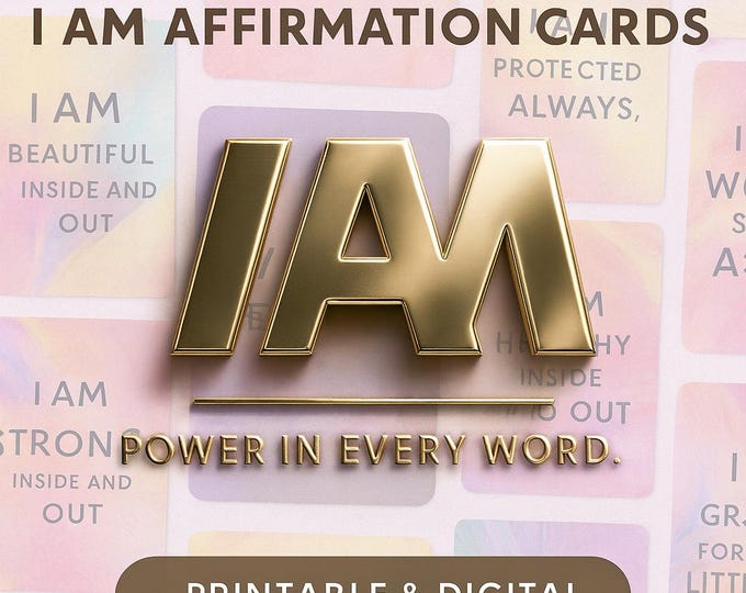 56 I AM Affirmation Cards: Pink Peach Holographic Design (Digital Download A4/PDF