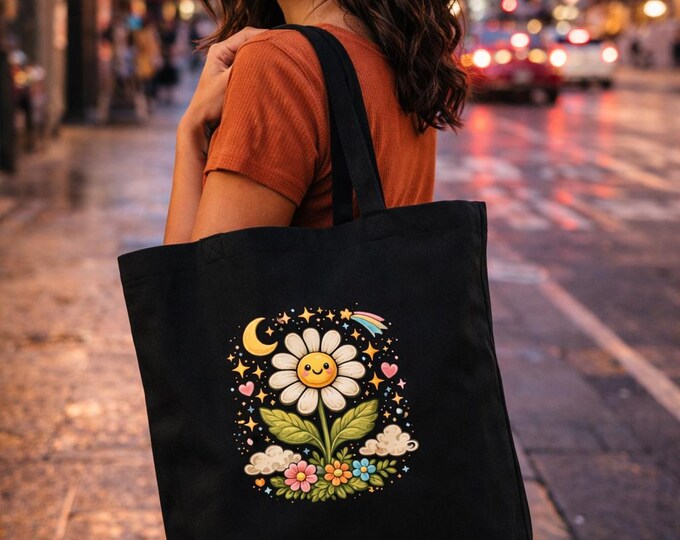 Cute Daisy Tote Bag, Black Organic Cotton Tote, Celestial Floral Tote, Reusable Eco Shopping Bag, Everyday Carryall, Gift for Her