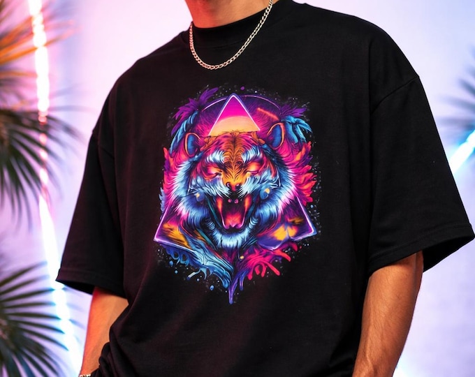 Neon Tiger Shirt – Unisex Oversized Graphic Tee, High Neck Organic T-Shirt, DTF Front Print Streetwear, S–2XL