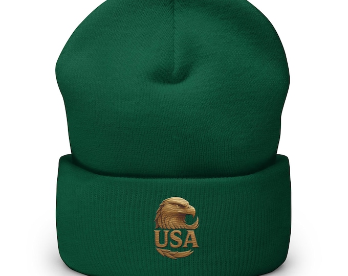USA Eagle Cuffed Beanie | Embroidered Knit Winter Hat | Patriotic Unisex Headwear | American Pride Beanie
