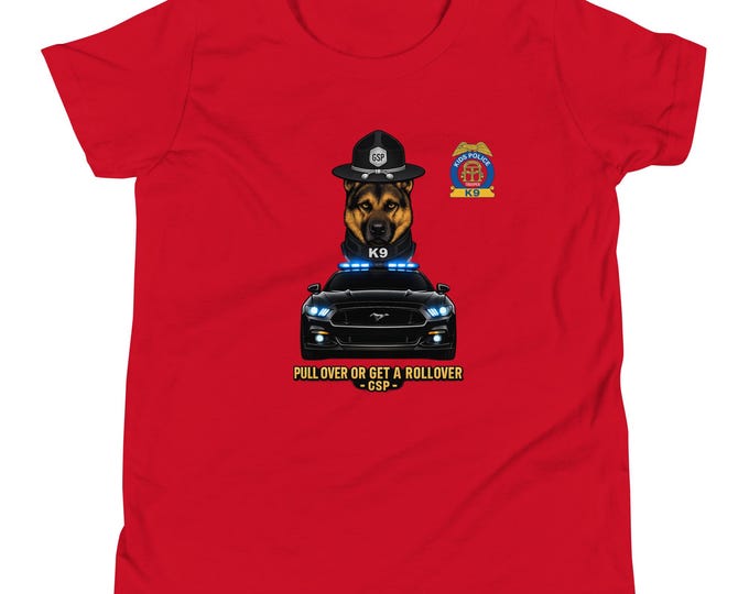 K9 Police Car Kids T-Shirt | German Shepherd, Mustang, “Pull Over”