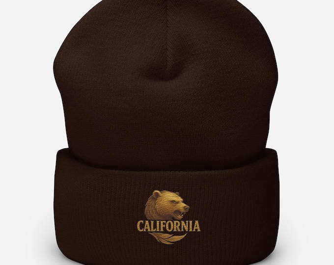 California Bear Cuffed Beanie | Warm Knit Winter Hat | Golden State Embroidered Cap | Unisex Outdoor Beanie