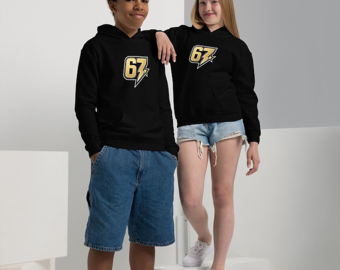 67 Lightning Star Youth Hoodie, Gold Number Graphic Kids Pullover Sweatshirt, Black or Navy, Sizes XS-XL
