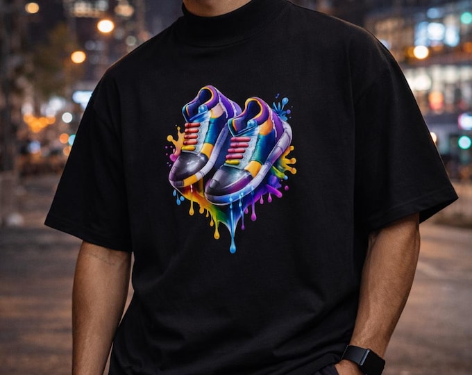 Colorful Sneakers Shirt – Unisex Oversized High Neck Tee, Organic Streetwear Graphic T-Shirt, DTF Front Print, S–2XL