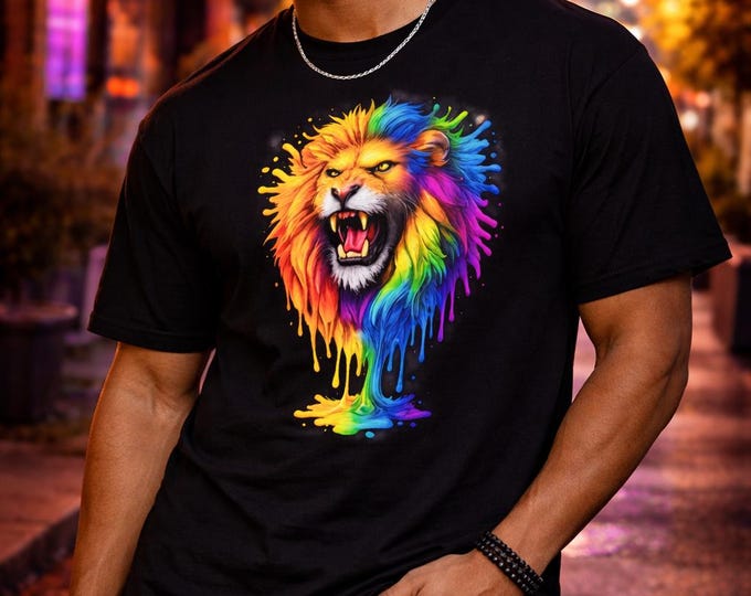 Rainbow Lion Graphic Tee, Men’s Premium Heavyweight T-Shirt, Colorful Drip Lion Streetwear Shirt, Gift for Lion Lovers, S-4XL