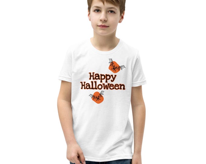 Youth White Halloween Tee — Kids T-Shirt, Soft Cotton, Spooky Trick-or-Treat Top, School Party & Costume Layer