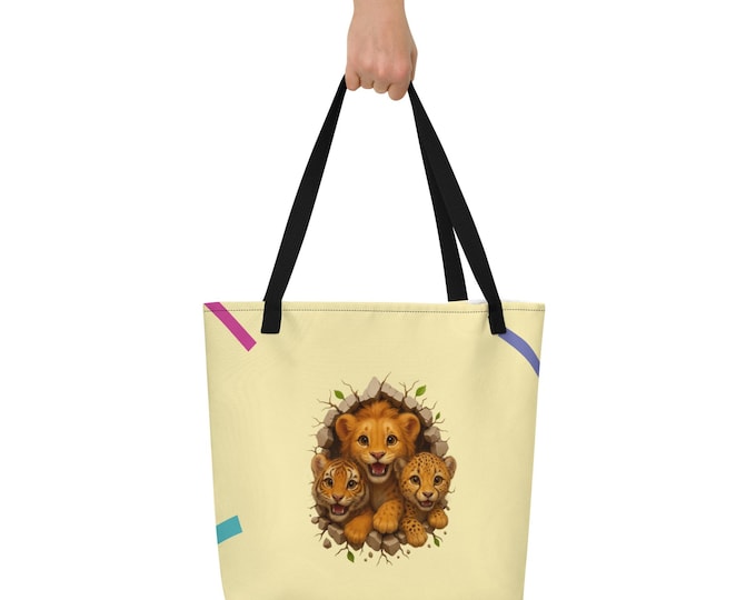 3D Lion Tiger Cheetah Cubs Tote Bag – All-Over Print Large Wildlife Canvas Tote, Safari Animal Print Beach Bag