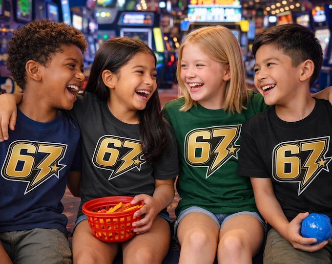 67 Lightning Star Youth Graphic T-Shirt, Gold Number Sports Style Tee for Kids, Black Navy Forest Dark Grey, Sizes S-XL
