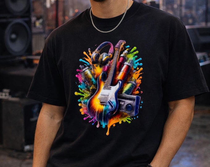 Music Guitar Shirt – Men’s Heavyweight Graphic Tee, Colorful Guitar & Boombox T-Shirt, DTF Front Print, Streetwear Band Style, S–4XL