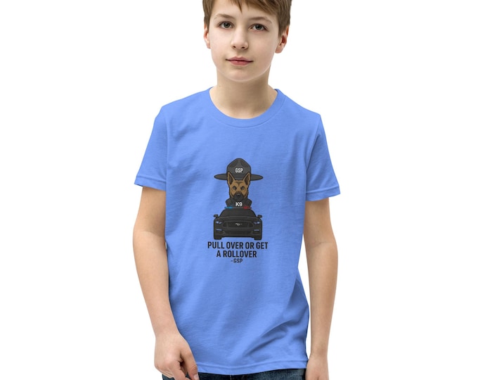 GSP K9 Mustang Kids T-Shirt | “Pull Over or Get a Rollover” Youth Police Car Tee