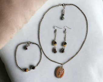 Golden Tigers Eye Confidence Jewelry Set Shiny Brown Gemstone Drop Earring Bracelet With Botswana Agate Gemstone Pendant Gift For Women