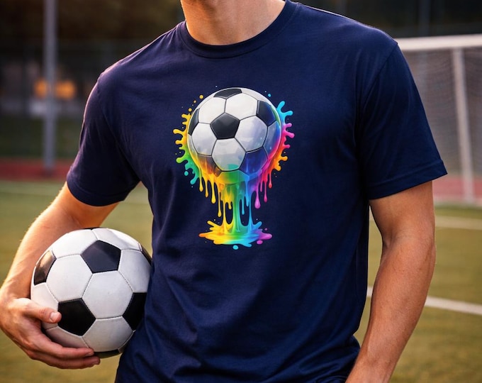 Colorful Soccer Ball Shirt – Unisex Eco Graphic Tee, Rainbow Drip Football T-Shirt, Streetwear Sports Shirt, Black White Navy, S–3XL