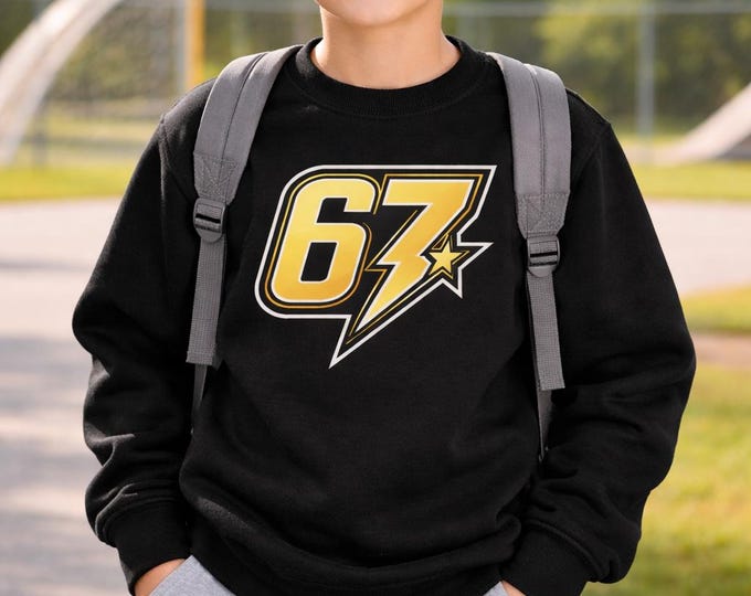 67 Lightning Star Youth Crewneck Sweatshirt, Gold Number Graphic Kids Pullover, Black or Navy, Sizes XS-XL