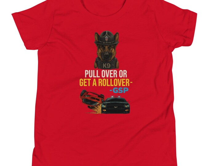 GSP K9 Unit Rollover Youth T-Shirt | Double-Sided Kids Police Car Tee (Red, Royal, Kelly)